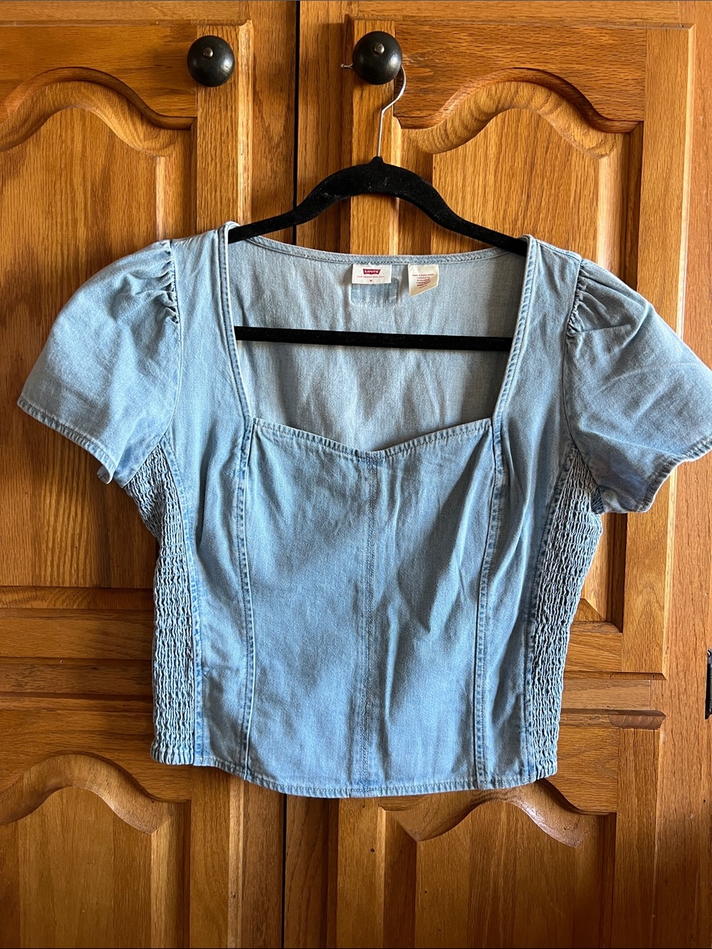Levi's Light Blue Denim Square-Neck Smocked Side Crop Top